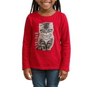 Faded Glory Size Large (10-12) Girls Red Long Sleeve Shirt Cat Graphic Quote